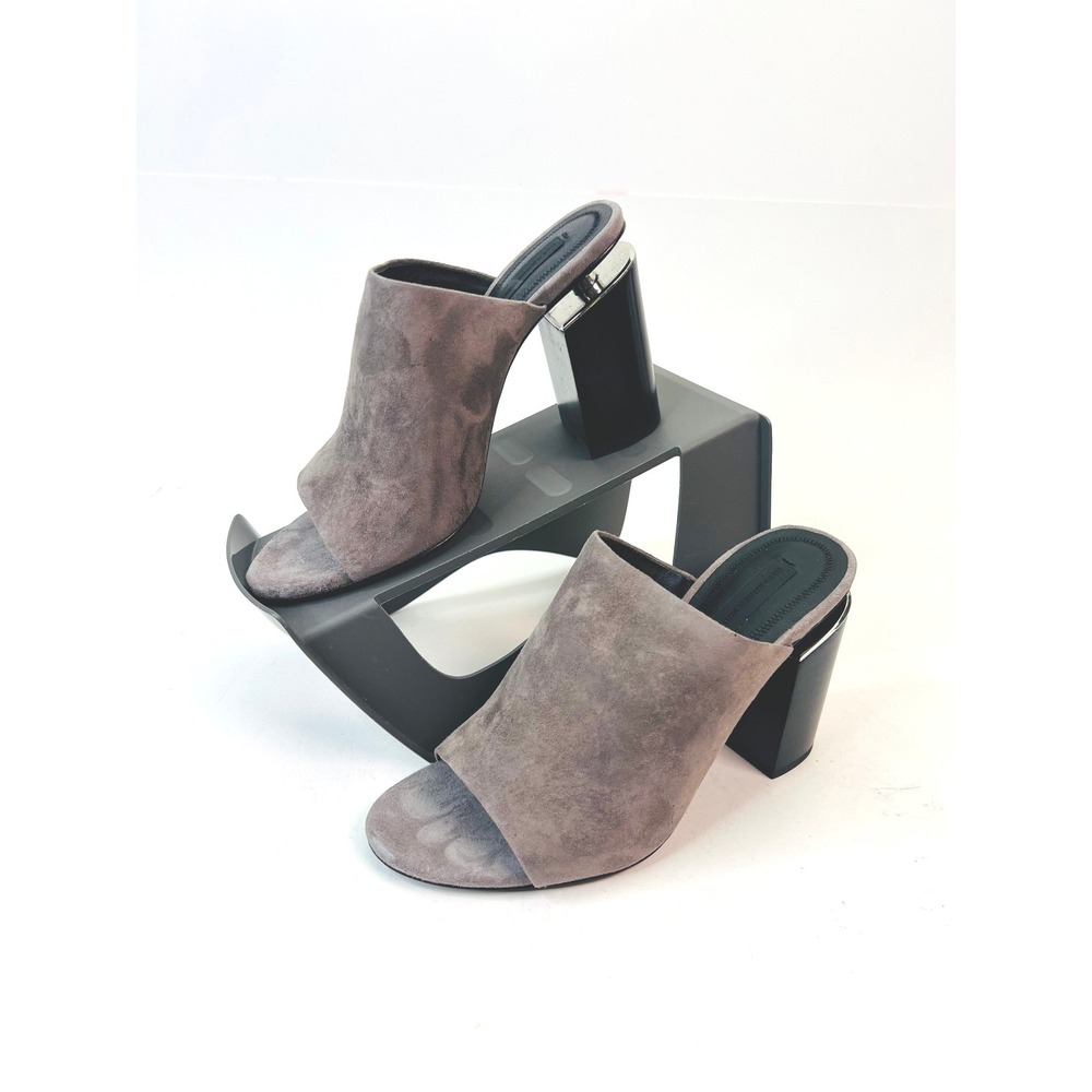 Alexander Wang Gabi Grey Suede Cutout Block Heel Mules Open Toe EU 37.5 / US 7.5